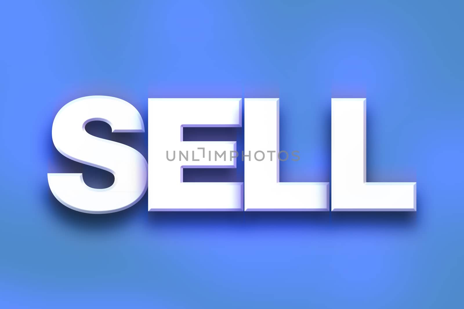 The word "Sell" written in white 3D letters on a colorful background concept and theme.