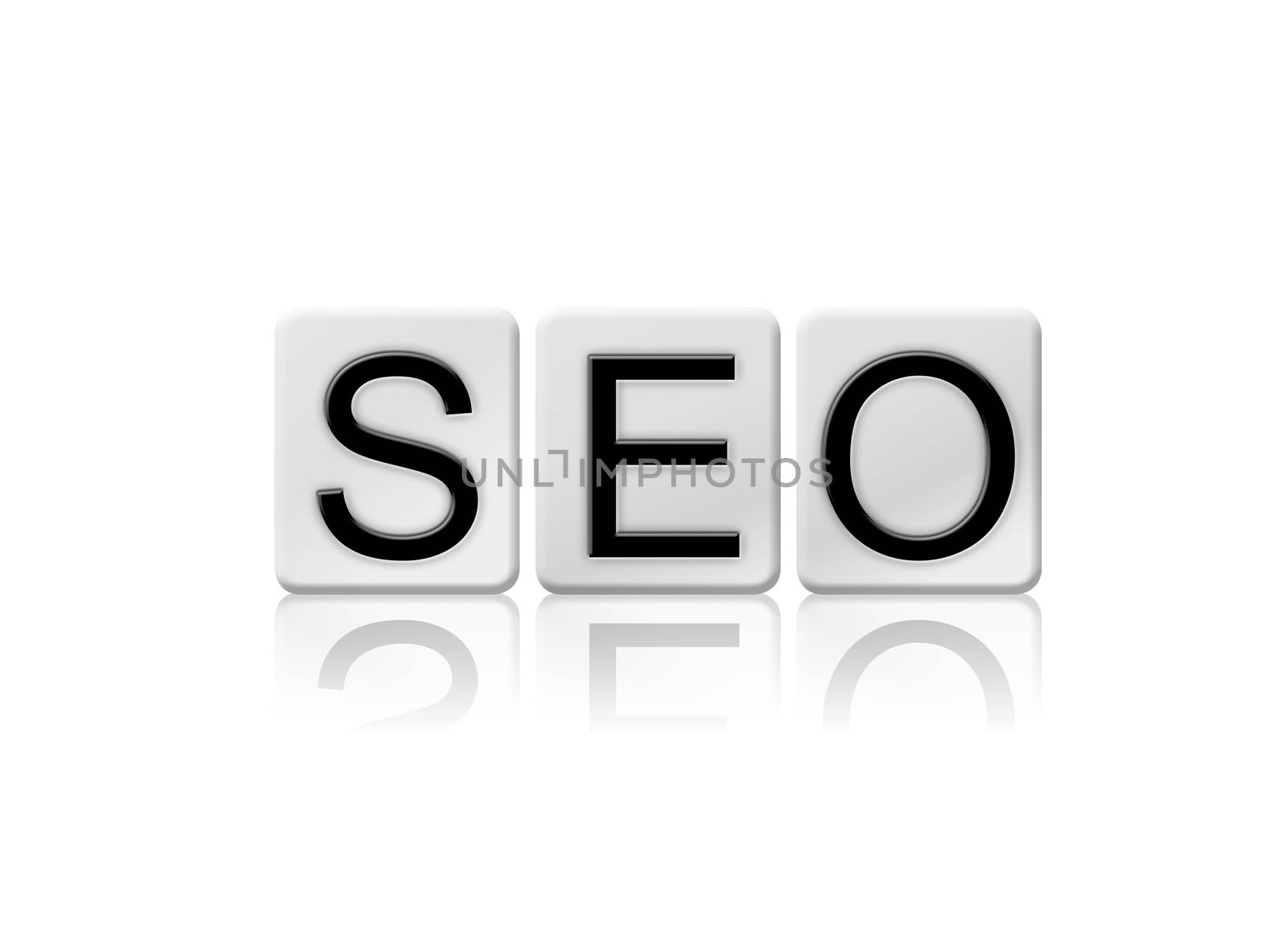 The word "SEO" written in tile letters isolated on a white background.