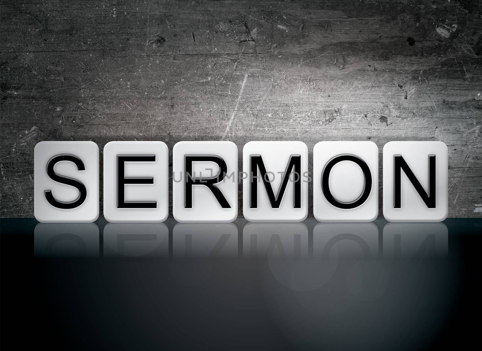 The word "Sermon" written in white tiles against a dark vintage grunge background.