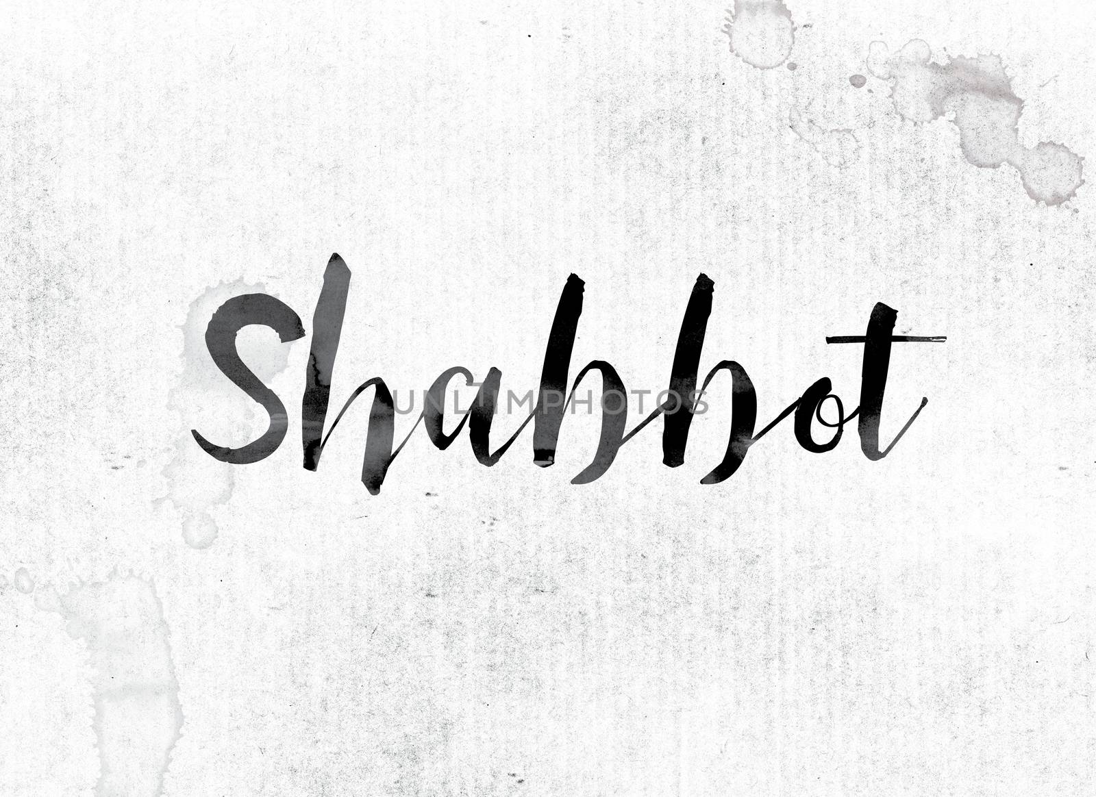 The word "Shabbot" concept and theme painted in watercolor ink on a white paper.