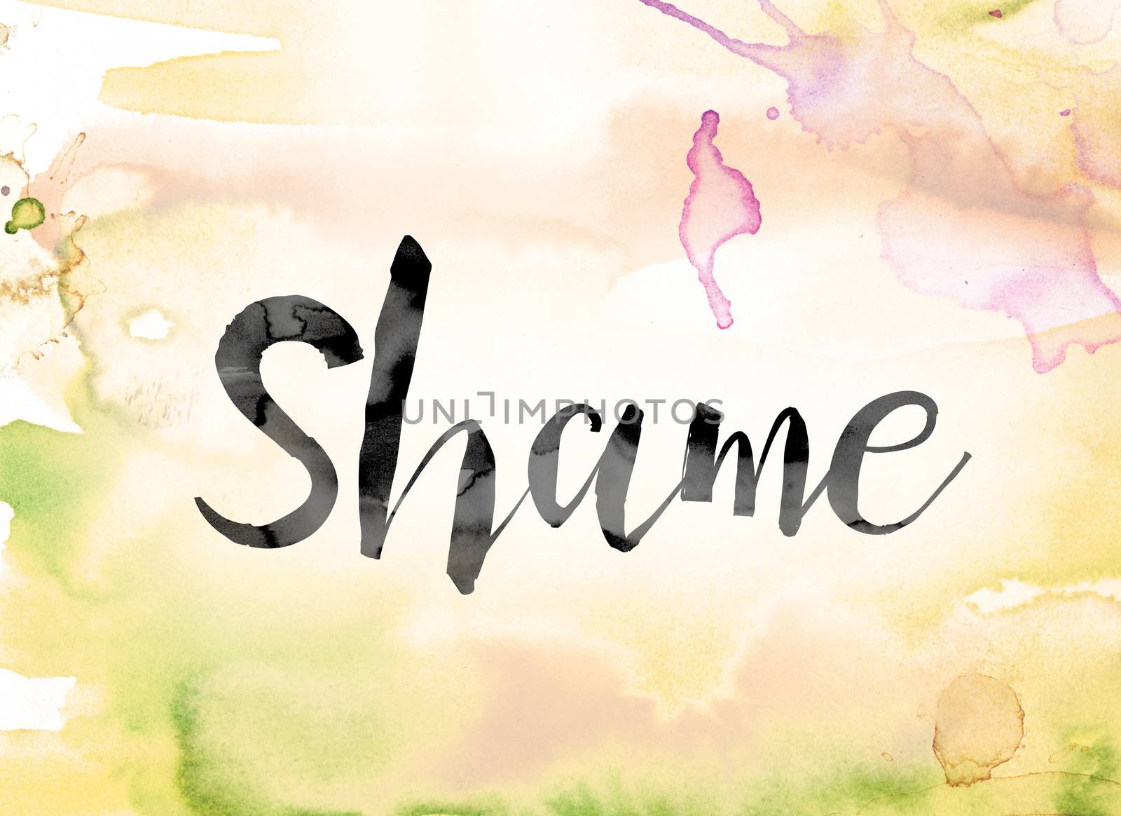 The word "Shame" painted in black ink over a colorful watercolor washed background concept and theme.