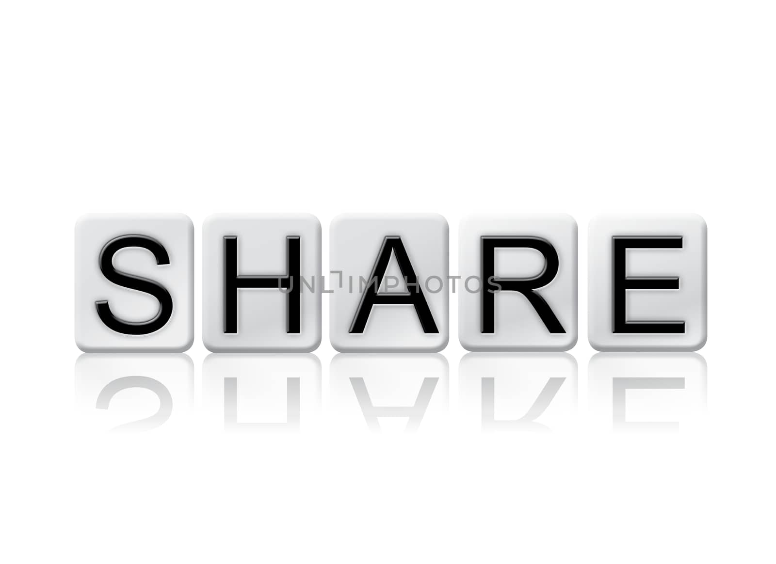 The word "Share" written in tile letters isolated on a white background.