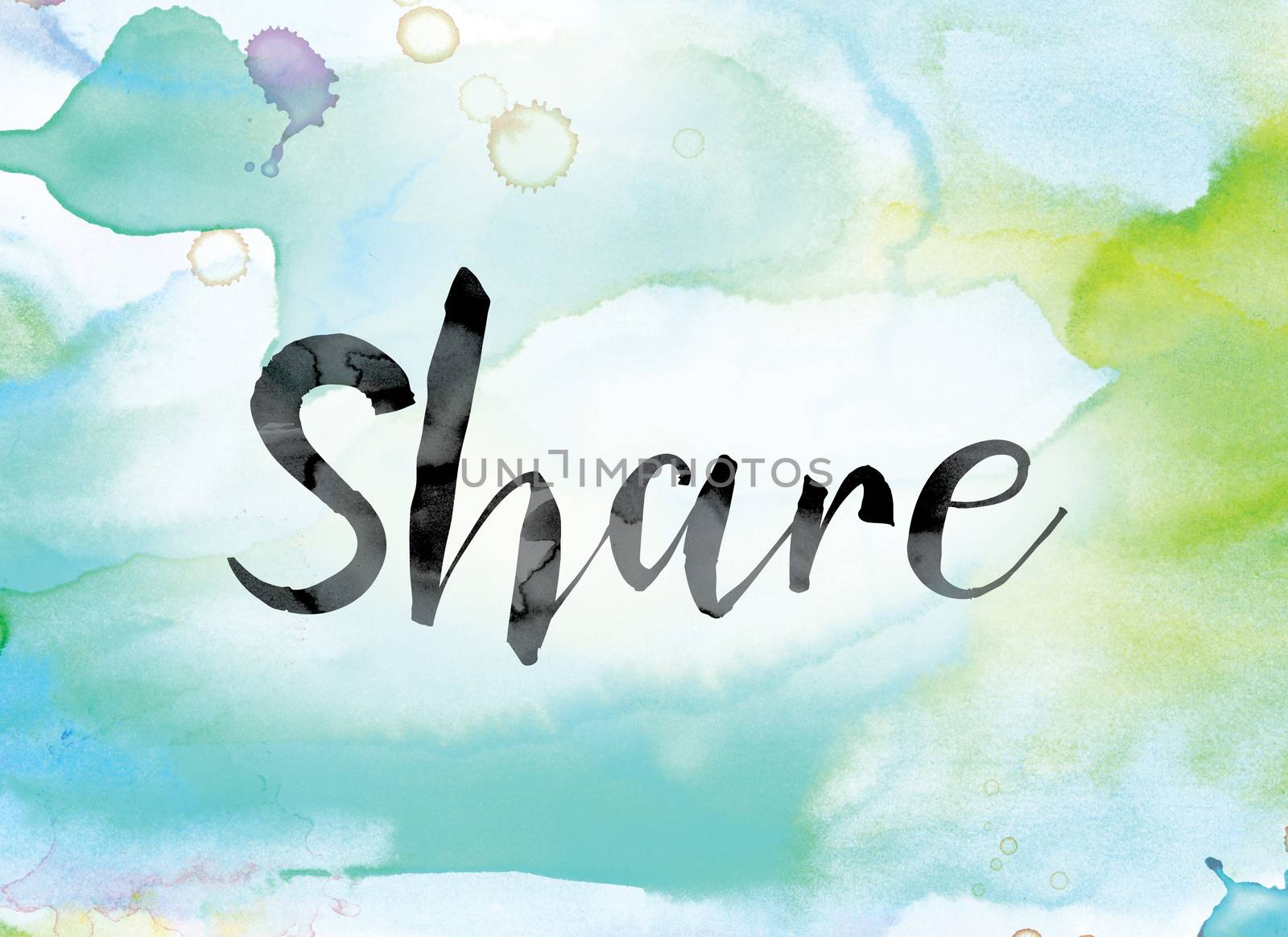 The word "Share" painted in black ink over a colorful watercolor washed background concept and theme.