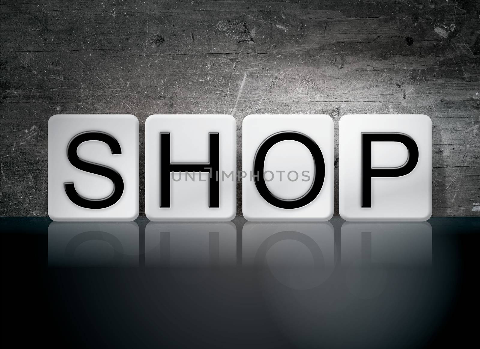 The word "Shop" written in white tiles against a dark vintage grunge background.