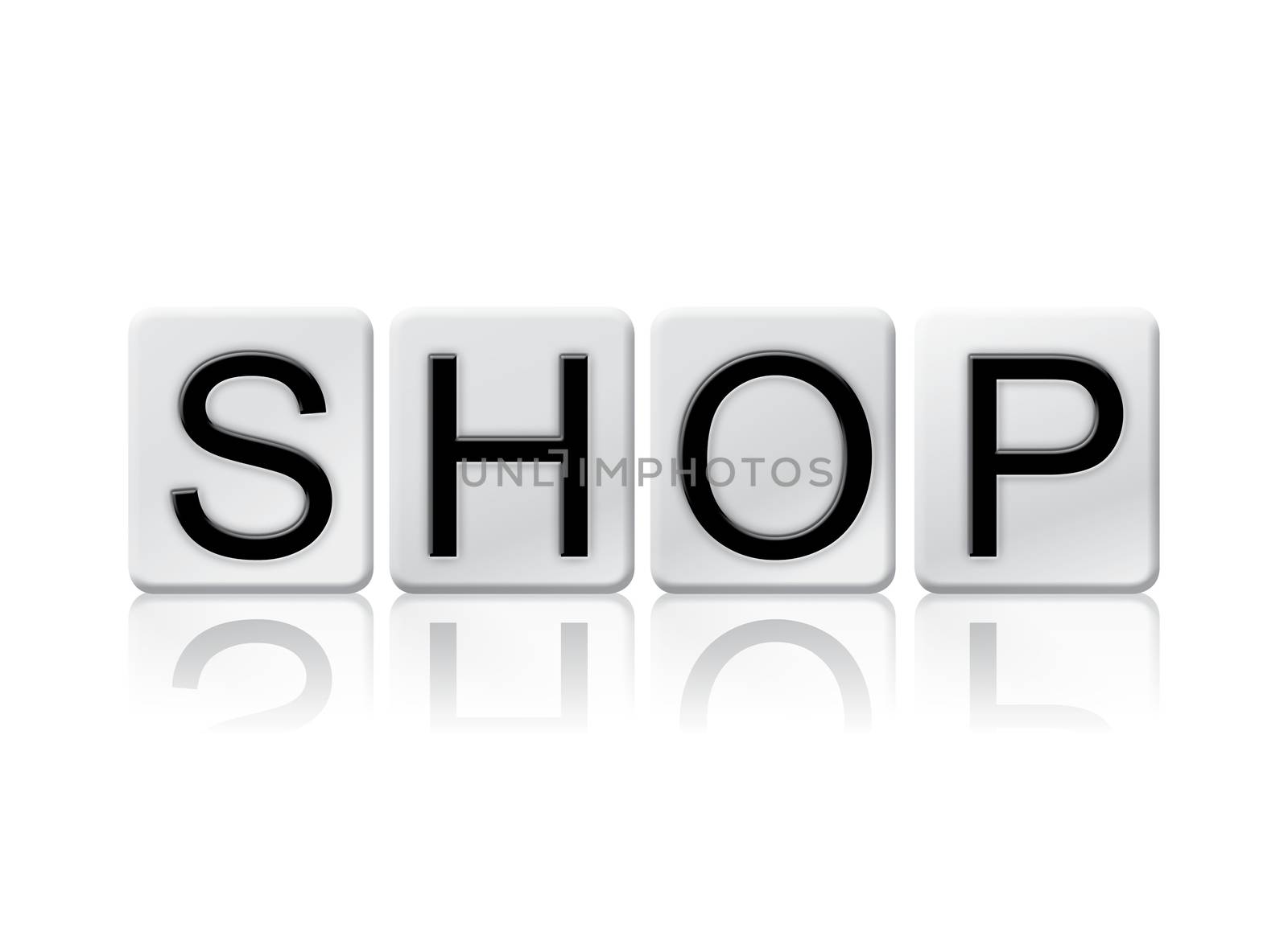 The word "Shop" written in tile letters isolated on a white background.