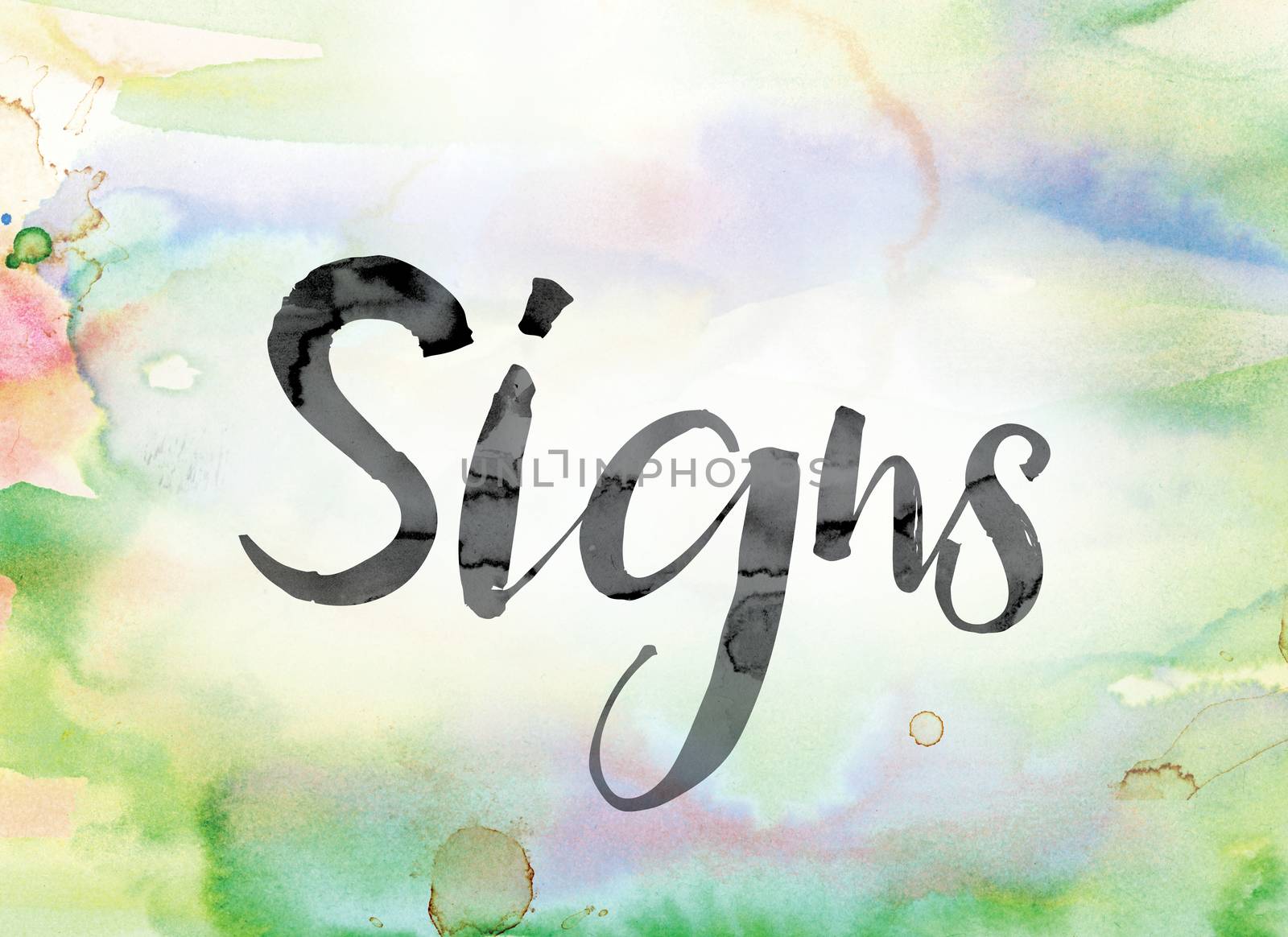 The word "Signs" painted in black ink over a colorful watercolor washed background concept and theme.