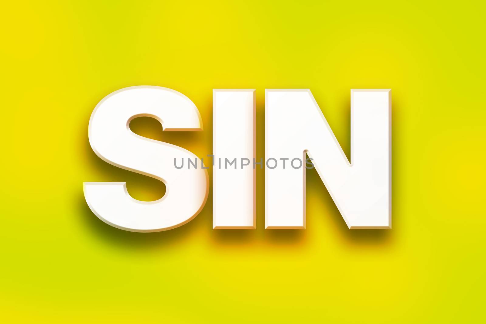 The word "Sin" written in white 3D letters on a colorful background concept and theme.