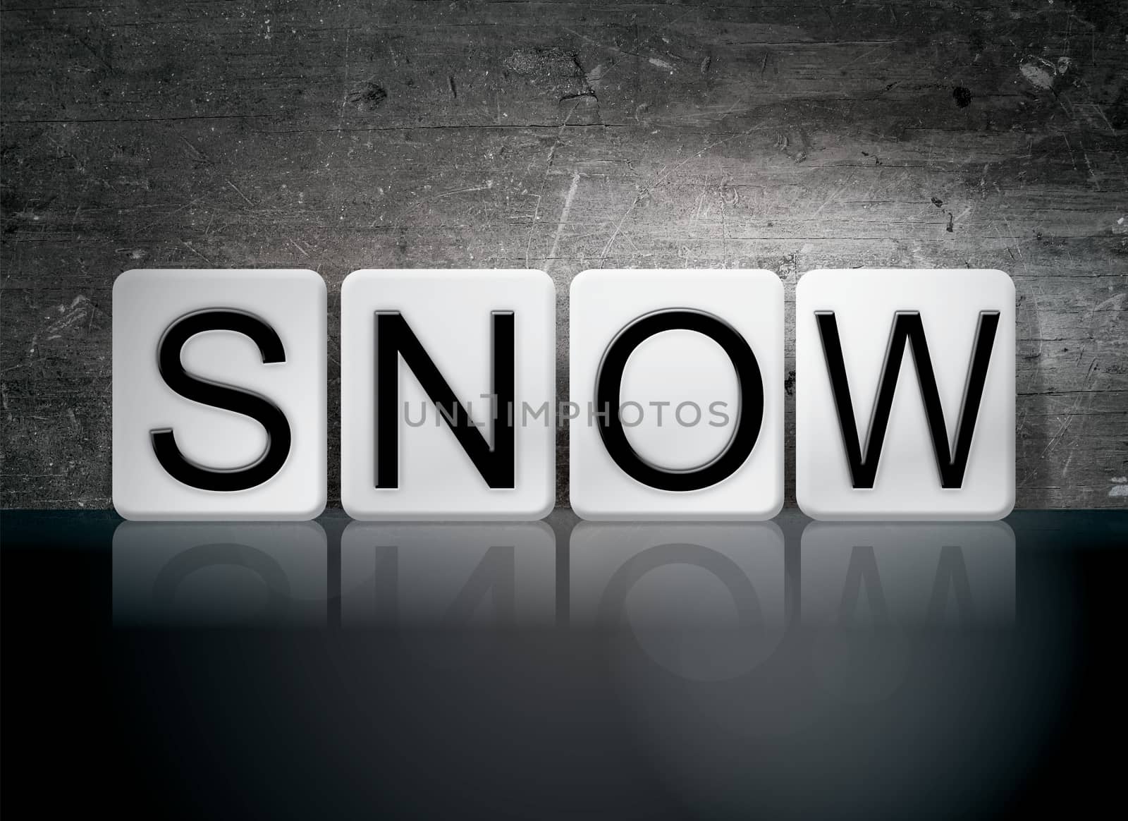 The word "Snow" written in white tiles against a dark vintage grunge background.