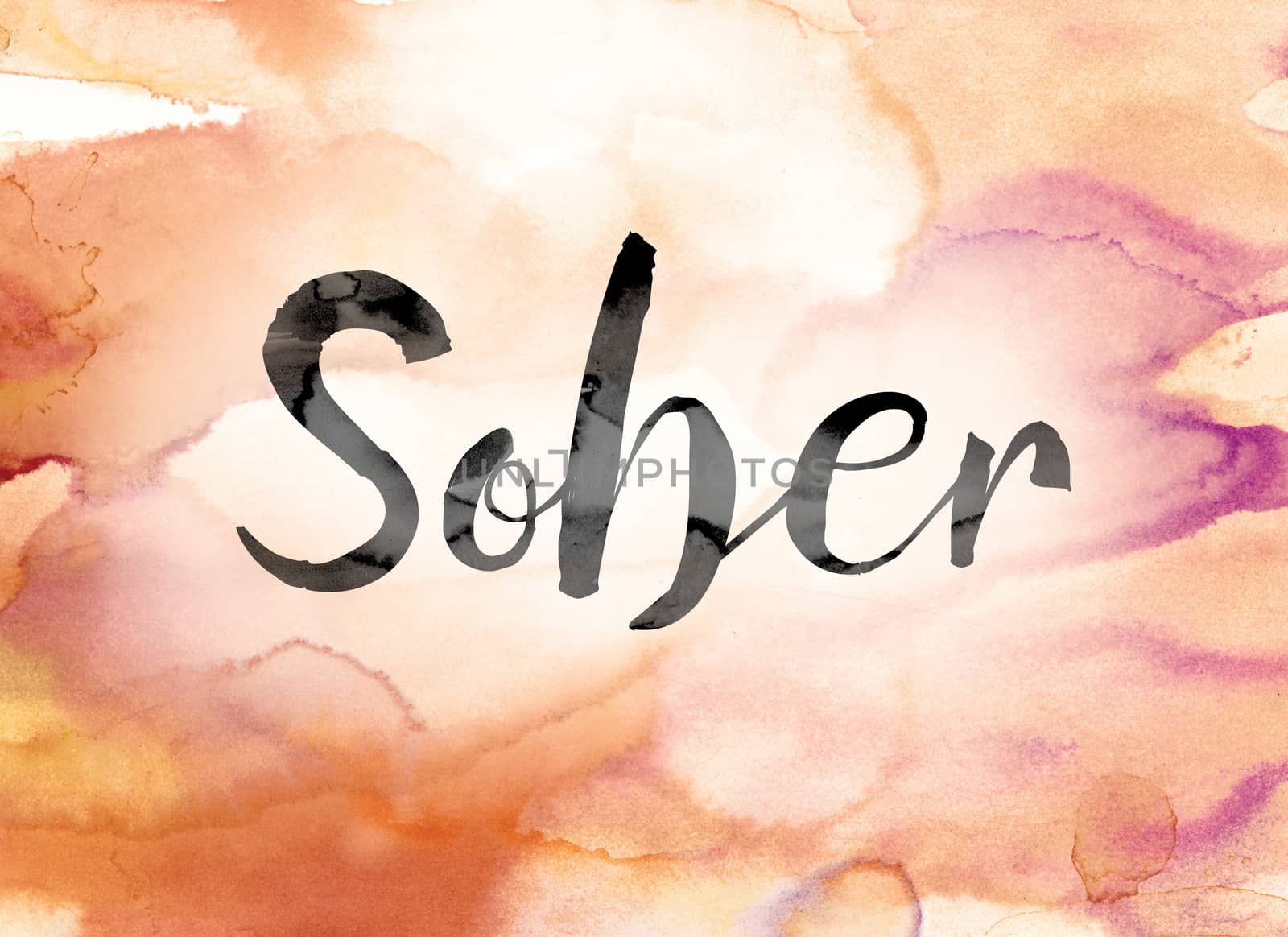 The word "Sober" painted in black ink over a colorful watercolor washed background concept and theme.