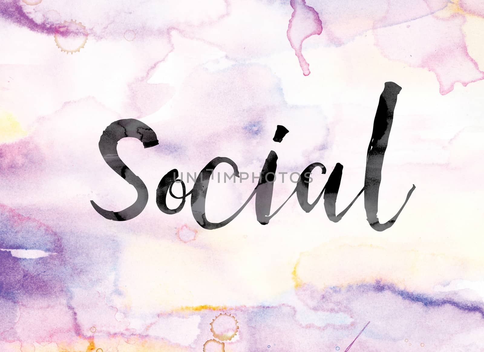 The word "Social" painted in black ink over a colorful watercolor washed background concept and theme.