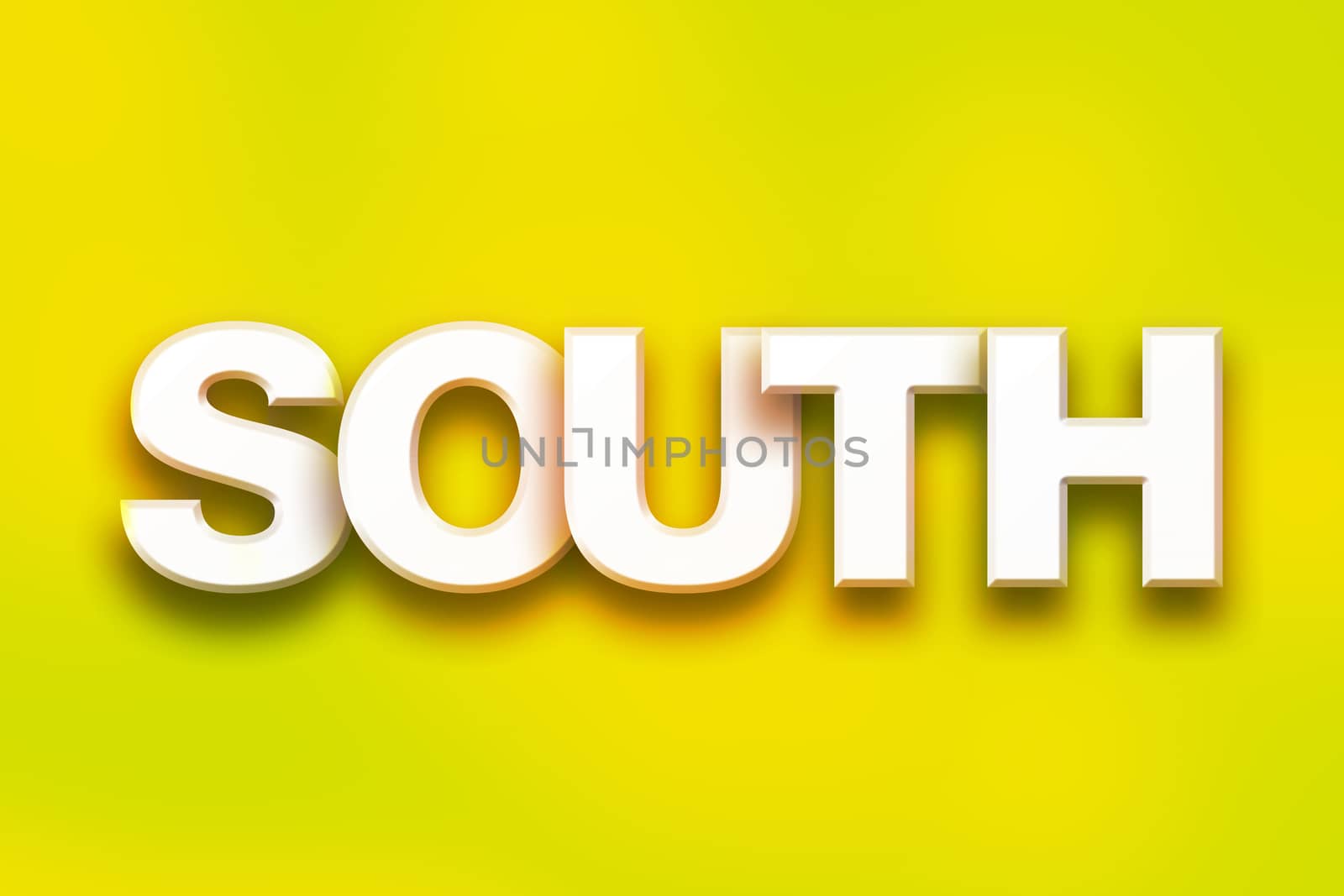 The word "South" written in white 3D letters on a colorful background concept and theme.