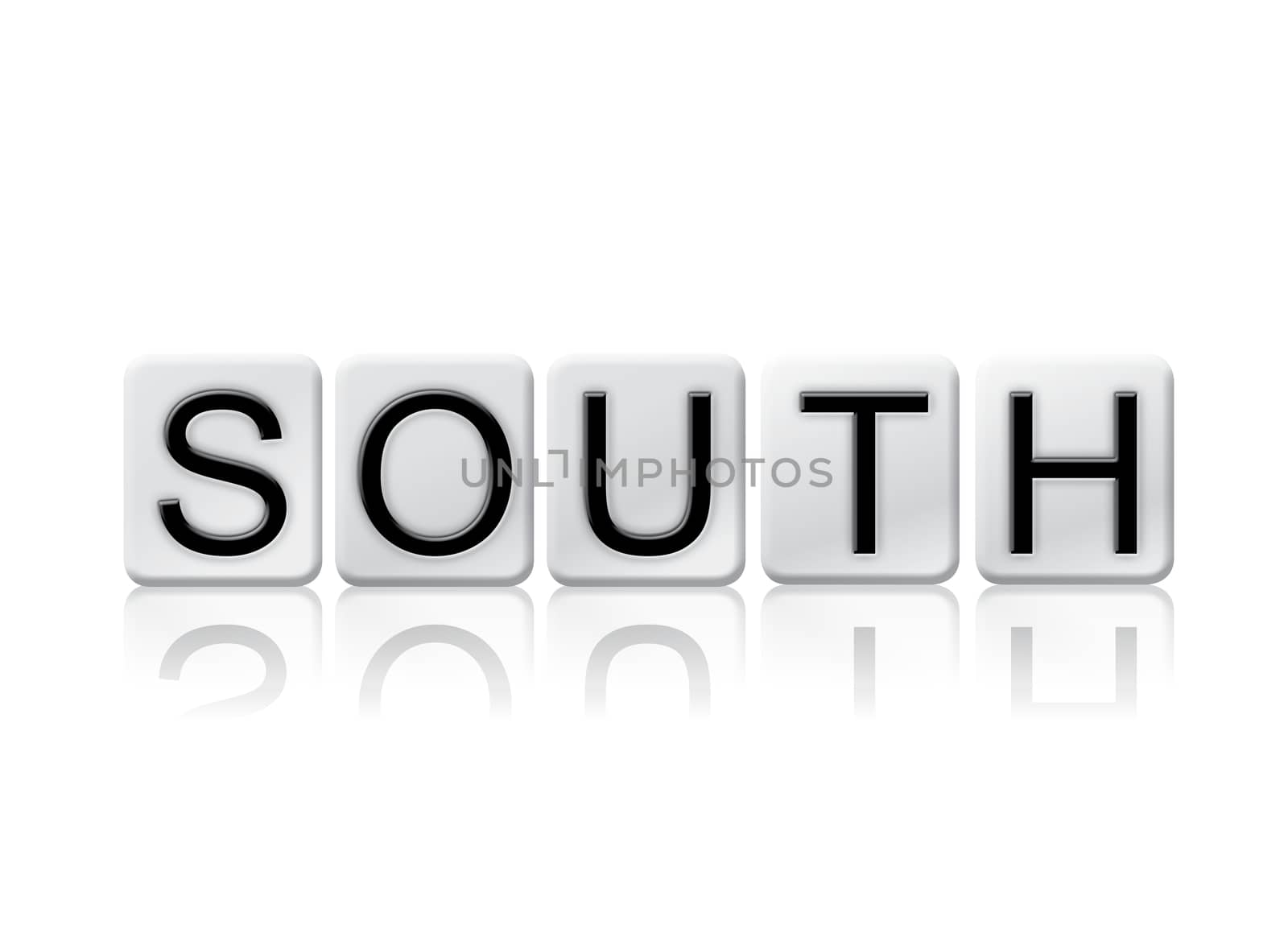 The word "South" written in tile letters isolated on a white background.