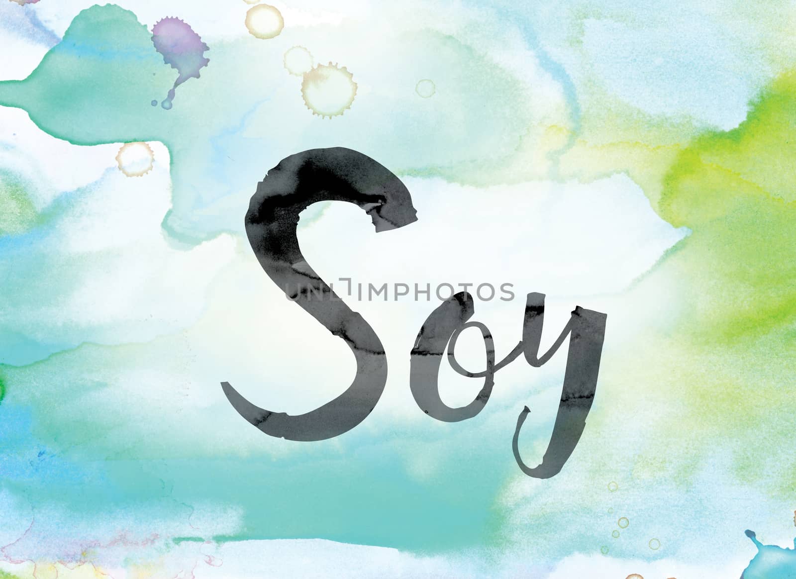 The word "Soy" painted in black ink over a colorful watercolor washed background concept and theme.