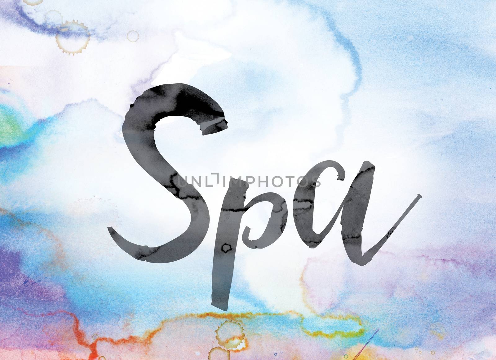 The word "Spa" painted in black ink over a colorful watercolor washed background concept and theme.