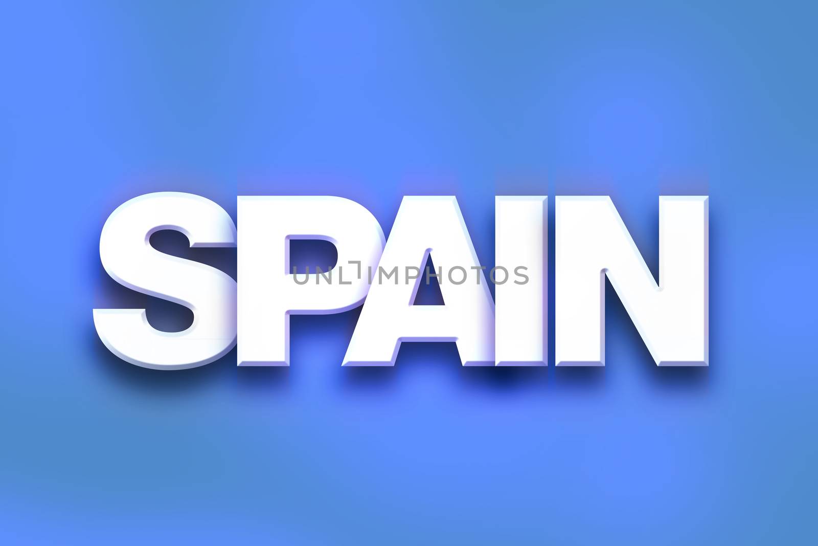 The word "Spain" written in white 3D letters on a colorful background concept and theme.