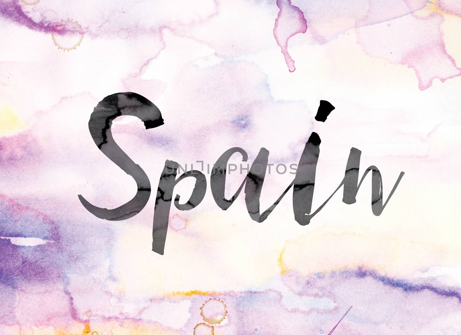 The word "Spain" painted in black ink over a colorful watercolor washed background concept and theme.