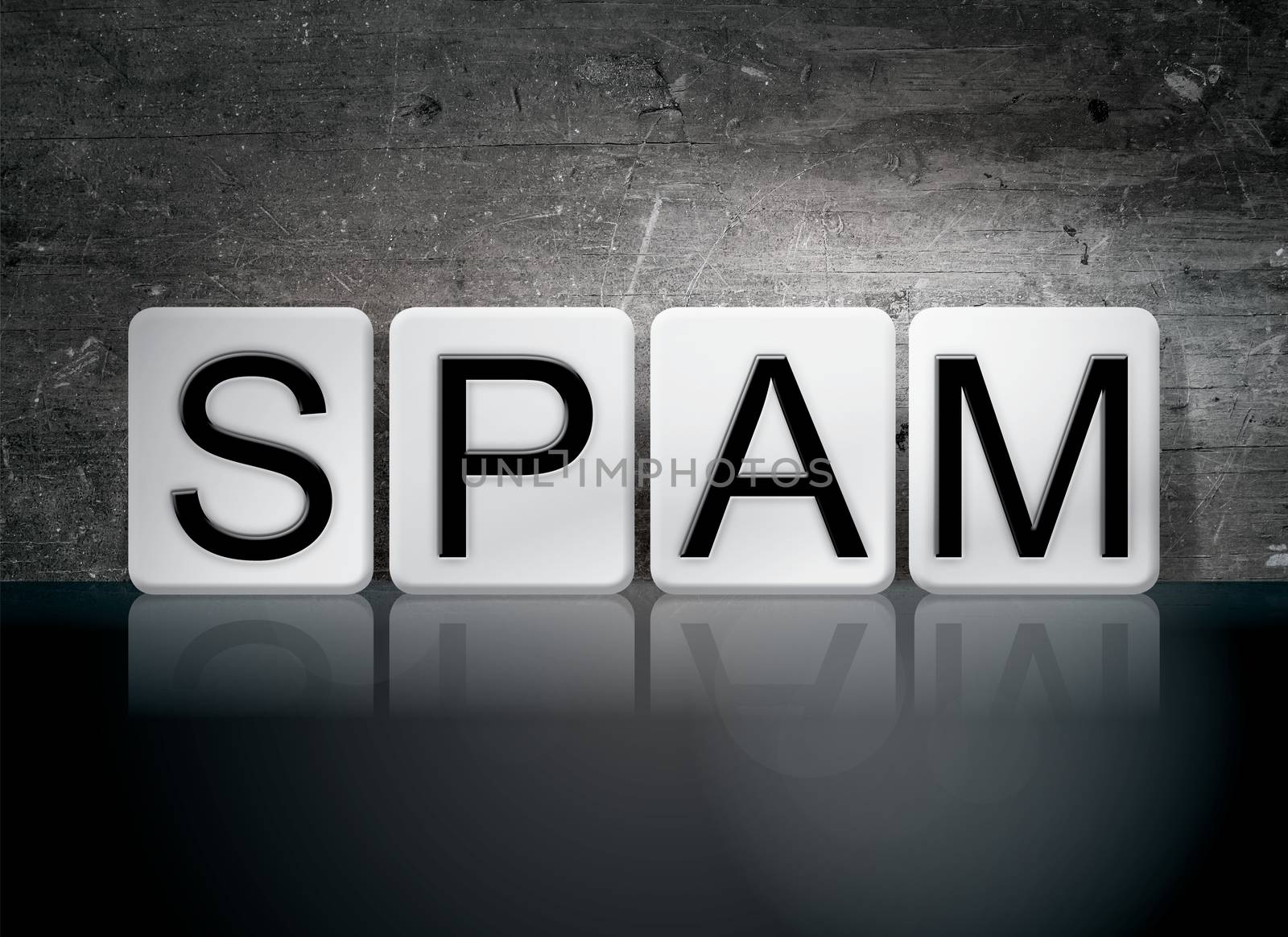 The word "Spam" written in white tiles against a dark vintage grunge background.