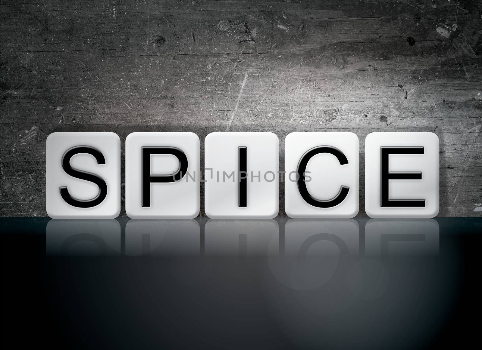 The word "Spice" written in white tiles against a dark vintage grunge background.