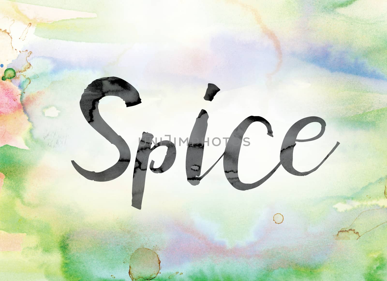 The word "Spice" painted in black ink over a colorful watercolor washed background concept and theme.