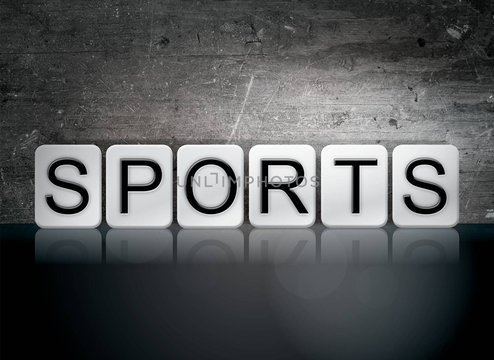 The word "Sports" written in white tiles against a dark vintage grunge background.