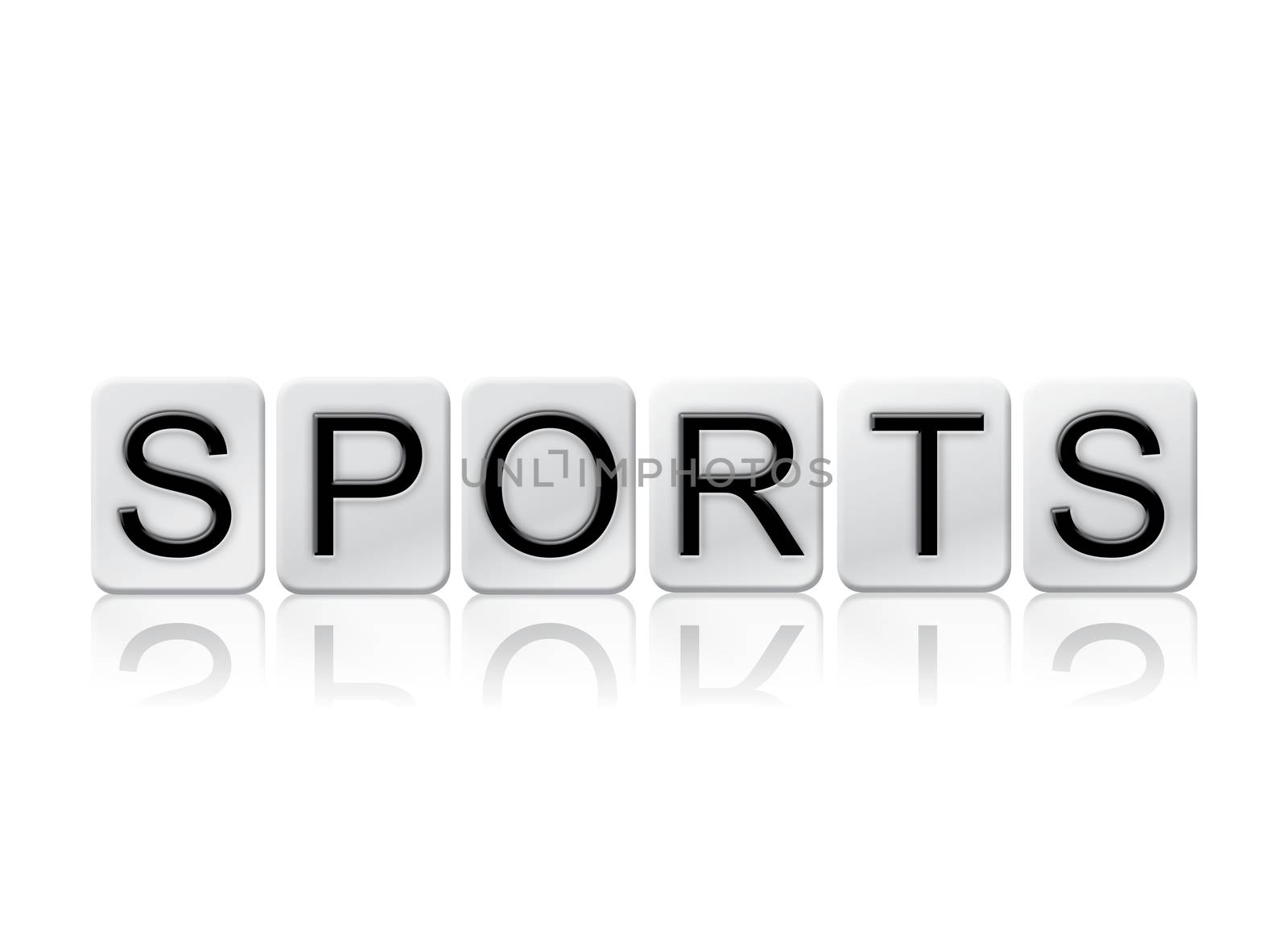 The word "Sports" written in tile letters isolated on a white background.