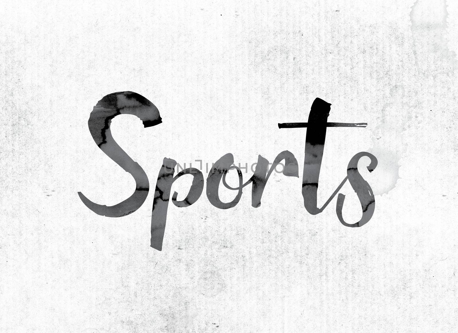 The word "Sports" concept and theme painted in watercolor ink on a white paper.