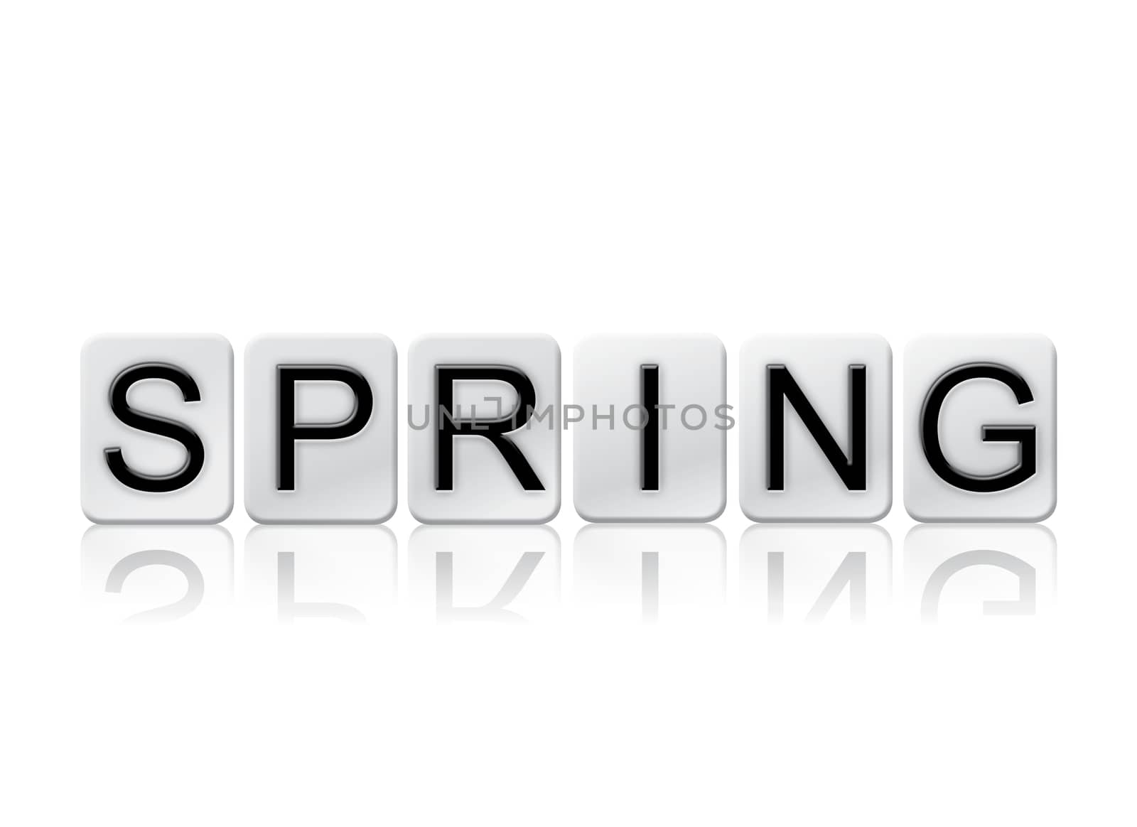 The word "Spring" written in tile letters isolated on a white background.