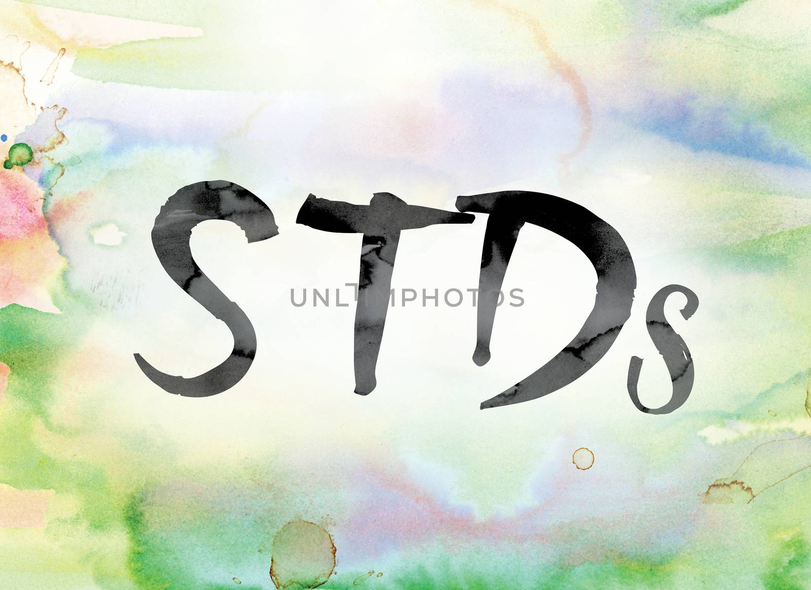 The word "STDs" painted in black ink over a colorful watercolor washed background concept and theme.