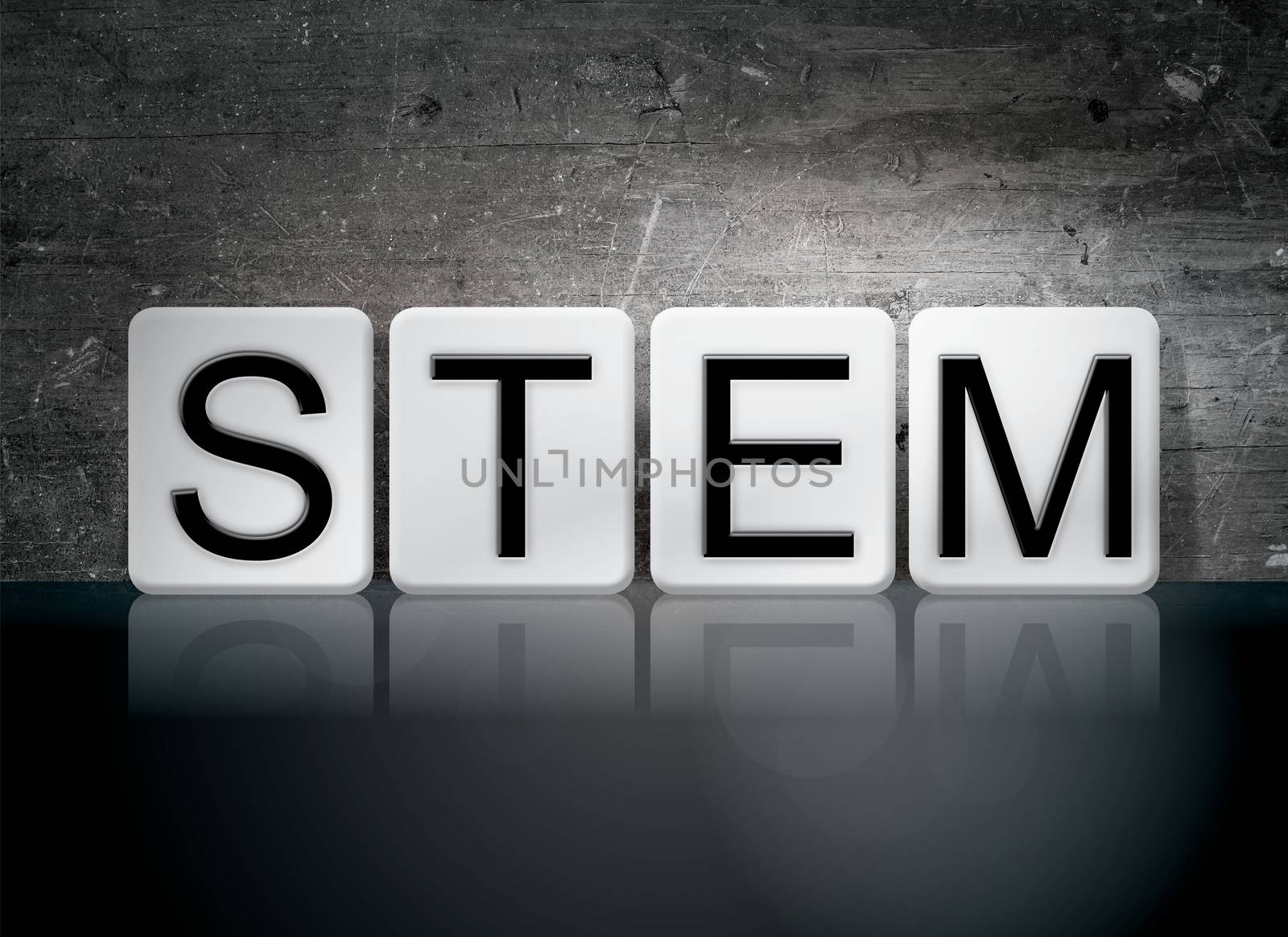 The word "STEM" written in white tiles against a dark vintage grunge background.