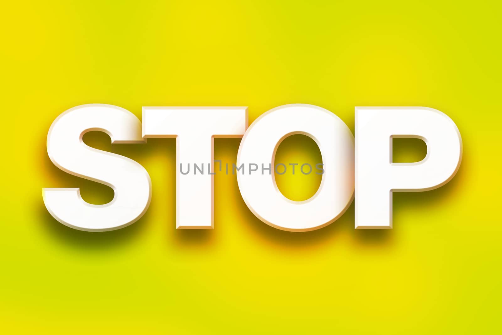 The word "Stop" written in white 3D letters on a colorful background concept and theme.