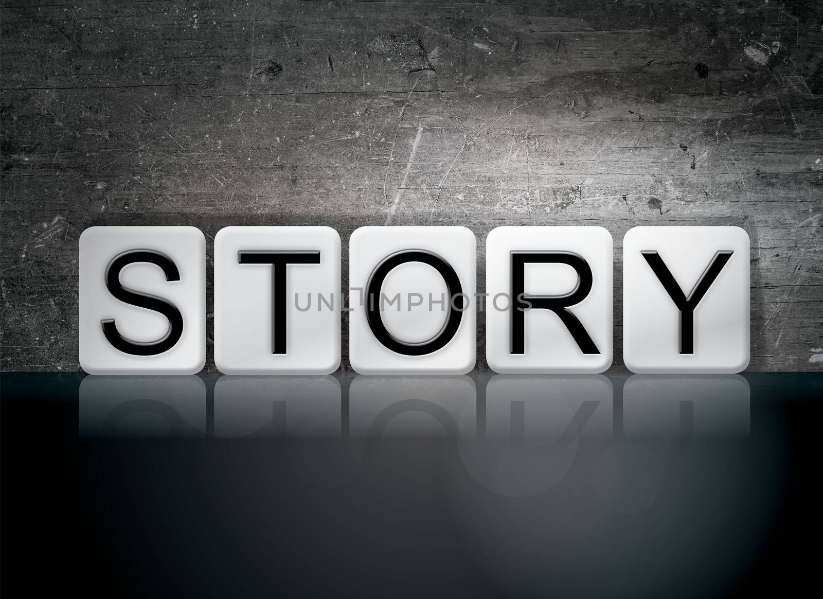 The word "Story" written in white tiles against a dark vintage grunge background.