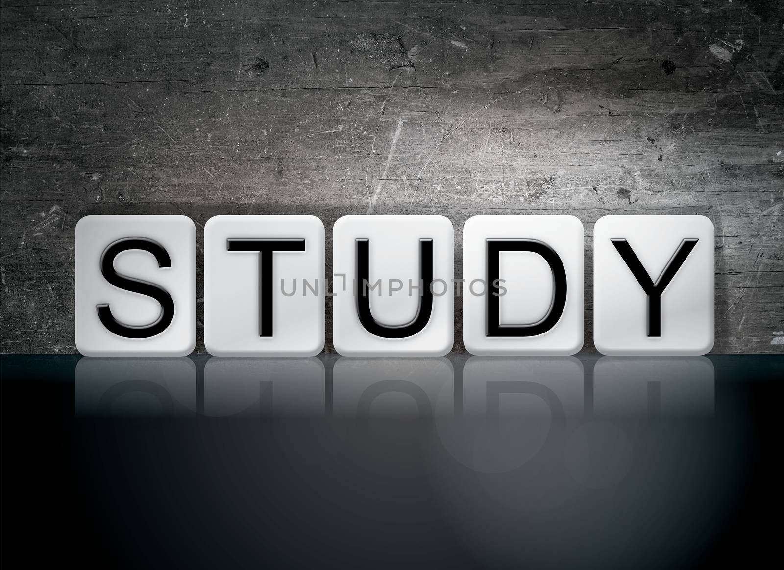 The word "Study" written in white tiles against a dark vintage grunge background.