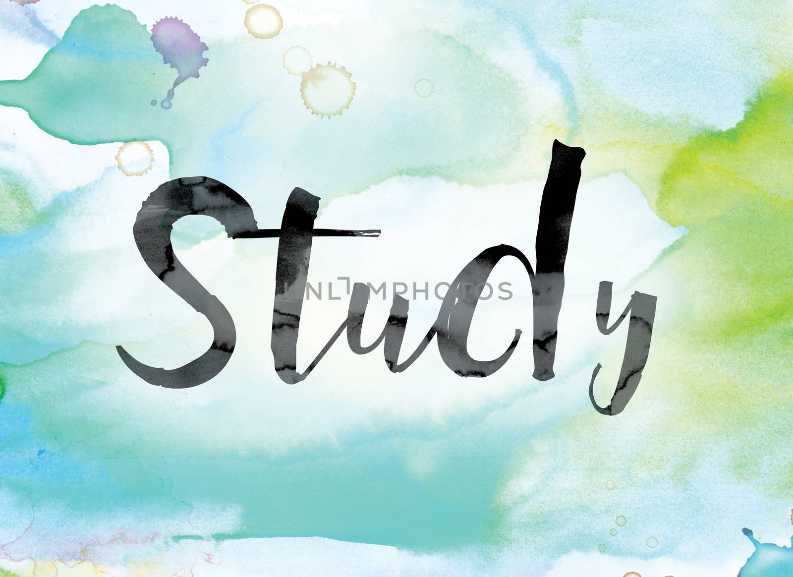 The word "Study" painted in black ink over a colorful watercolor washed background concept and theme.