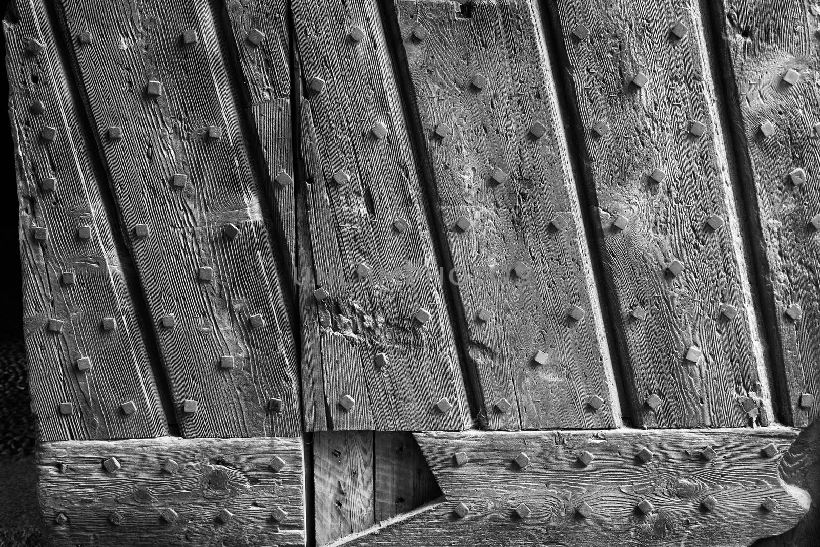 Sforzesco castle of Vigevano, Details of the wooden door.black and white photo.