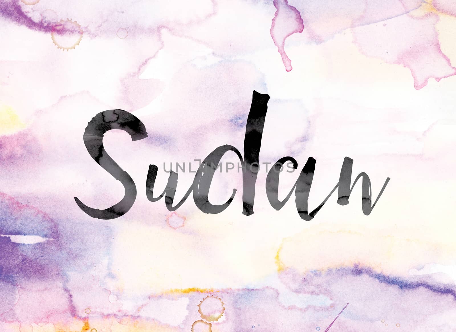 The word "Sudan" painted in black ink over a colorful watercolor washed background concept and theme.