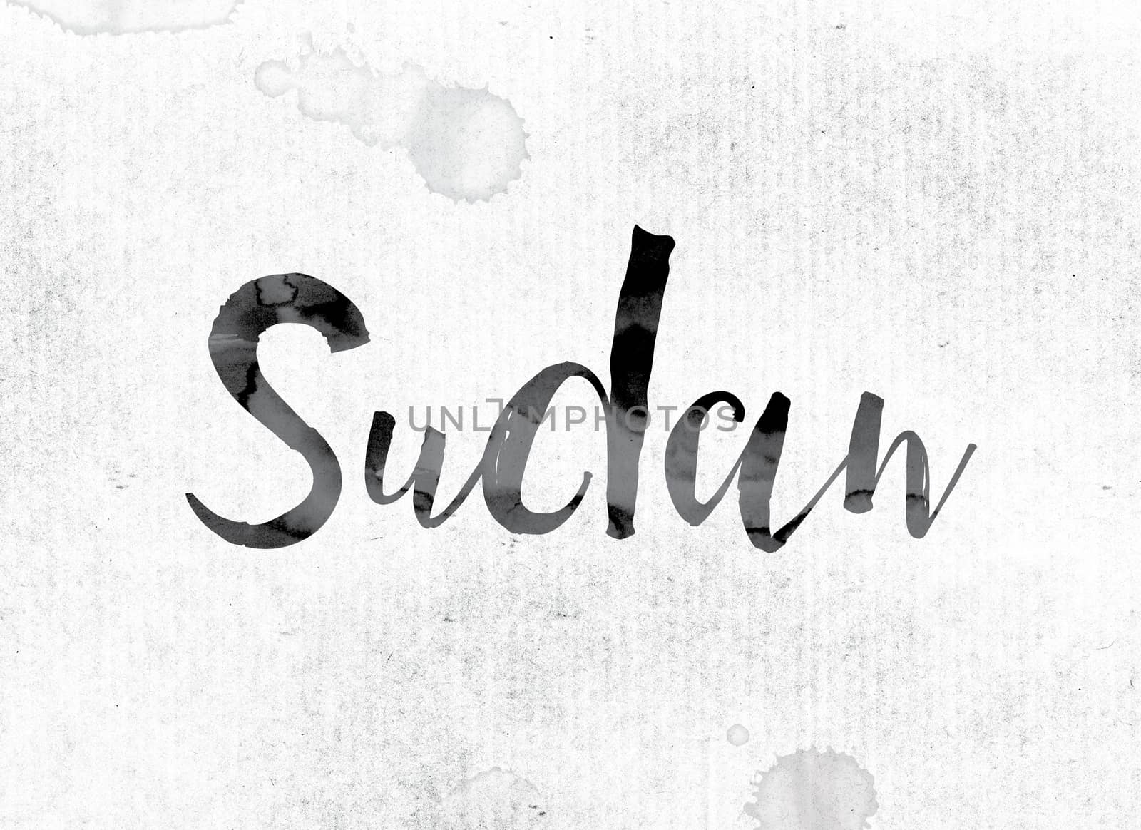 The word "Sudan" concept and theme painted in watercolor ink on a white paper.