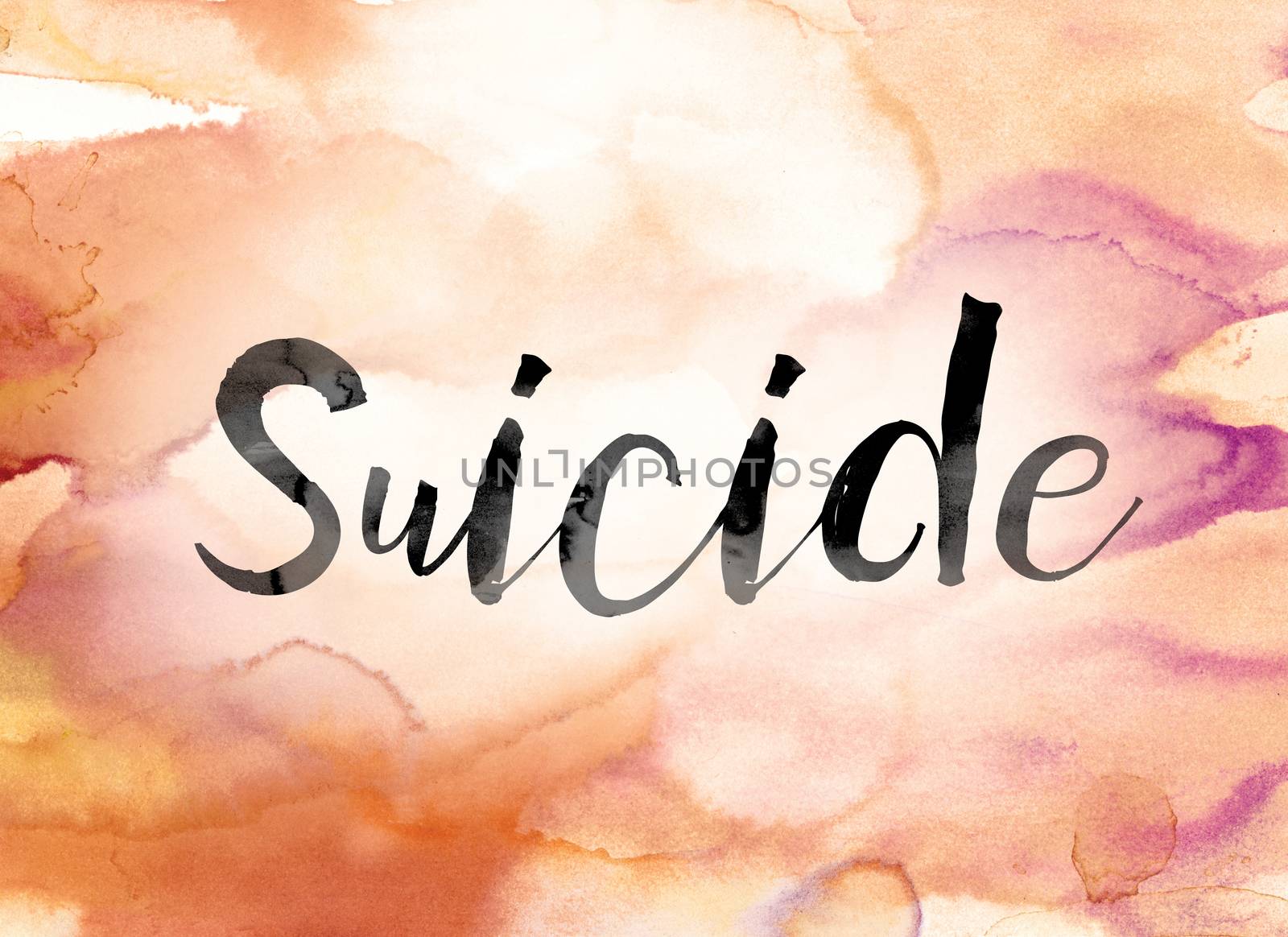 The word "Suicide" painted in black ink over a colorful watercolor washed background concept and theme.