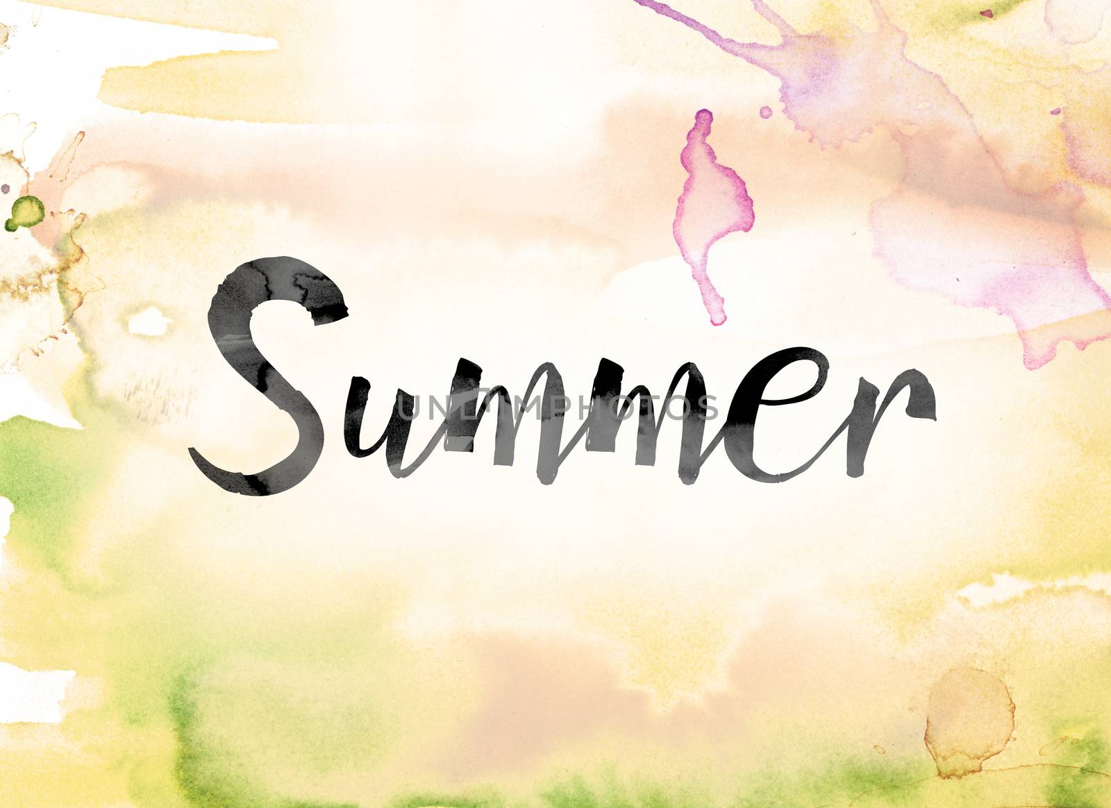 The word "Summer" painted in black ink over a colorful watercolor washed background concept and theme.