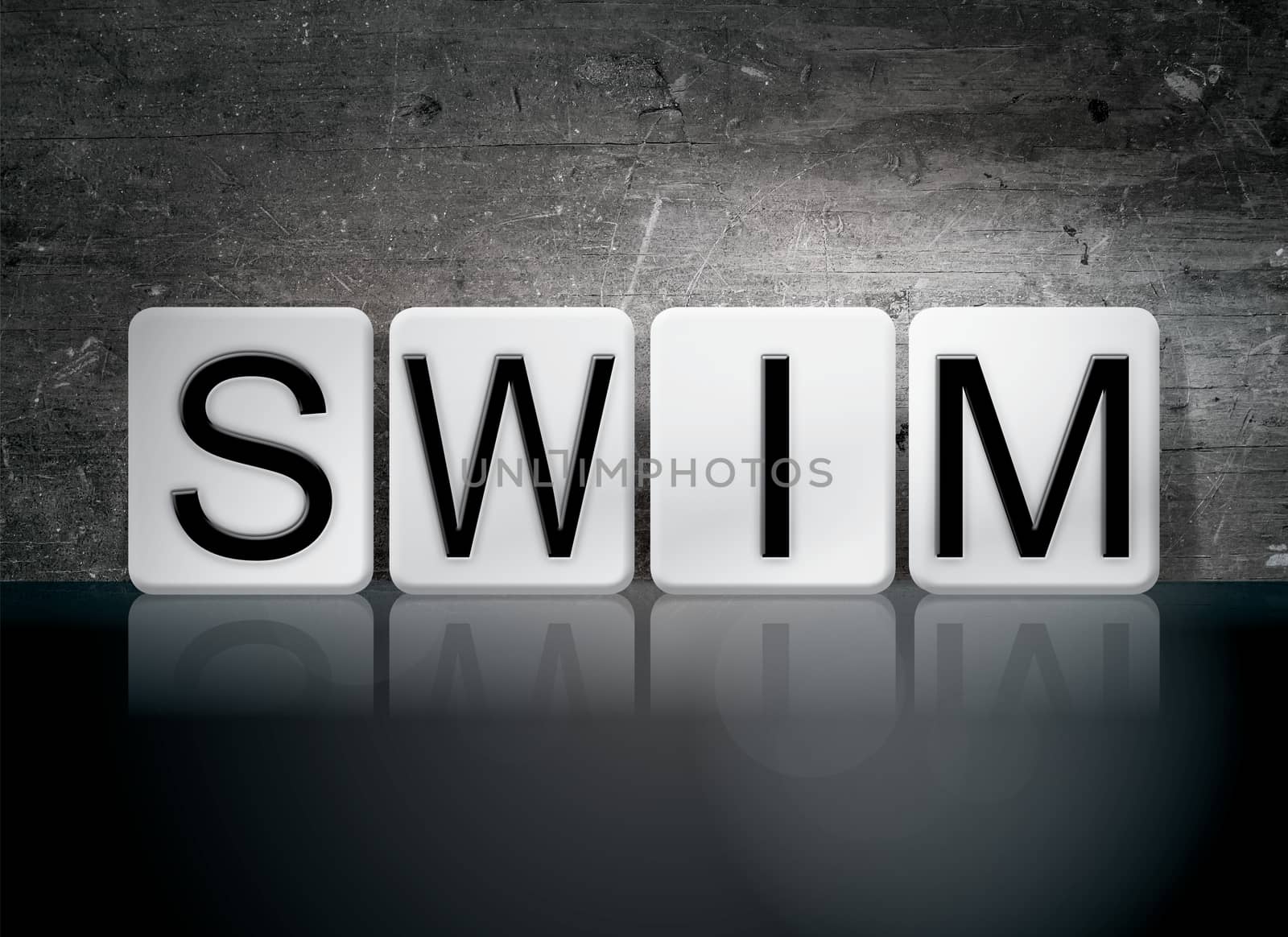 The word "Swim" written in white tiles against a dark vintage grunge background.
