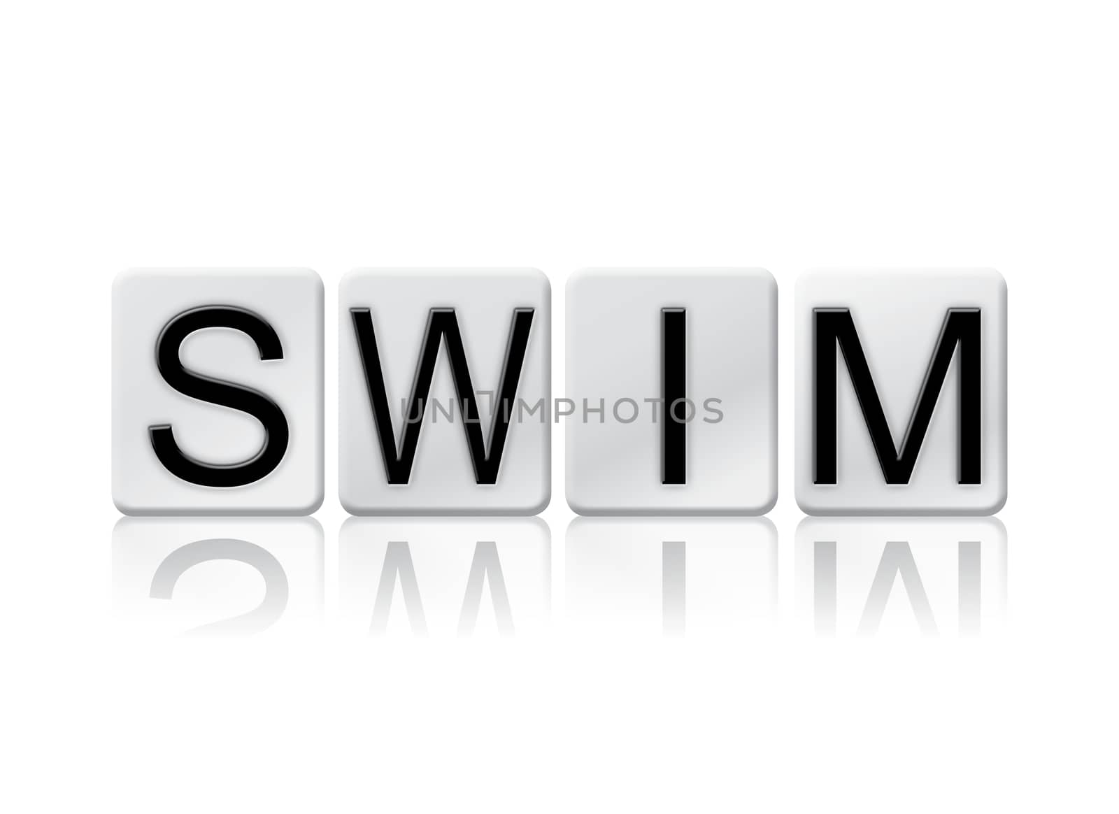 The word "Swim" written in tile letters isolated on a white background.