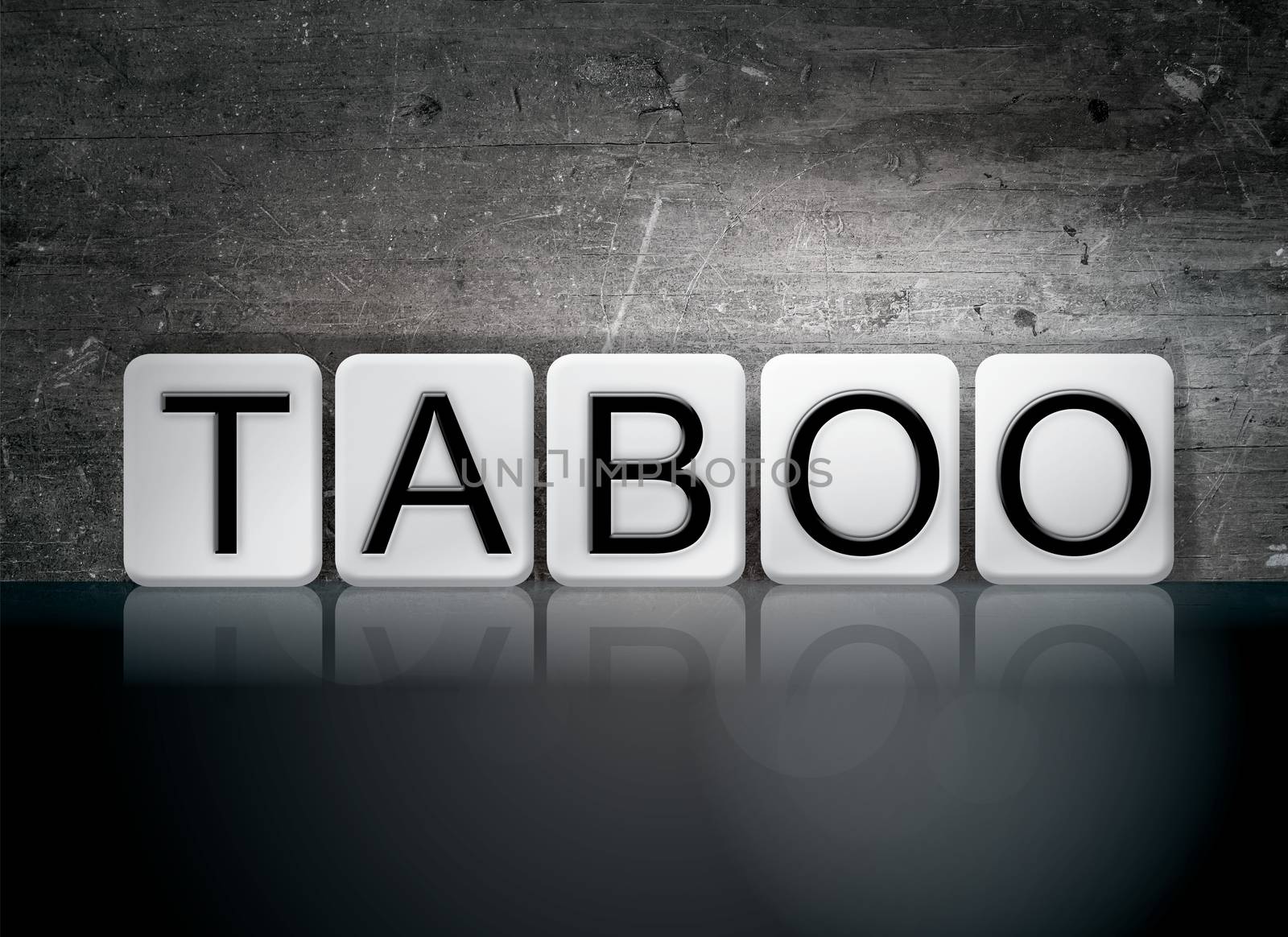 The word "Taboo" written in white tiles against a dark vintage grunge background.