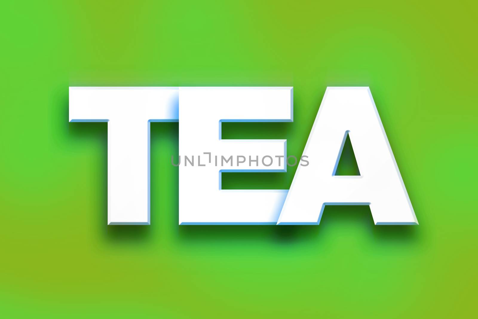 The word "Tea" written in white 3D letters on a colorful background concept and theme.
