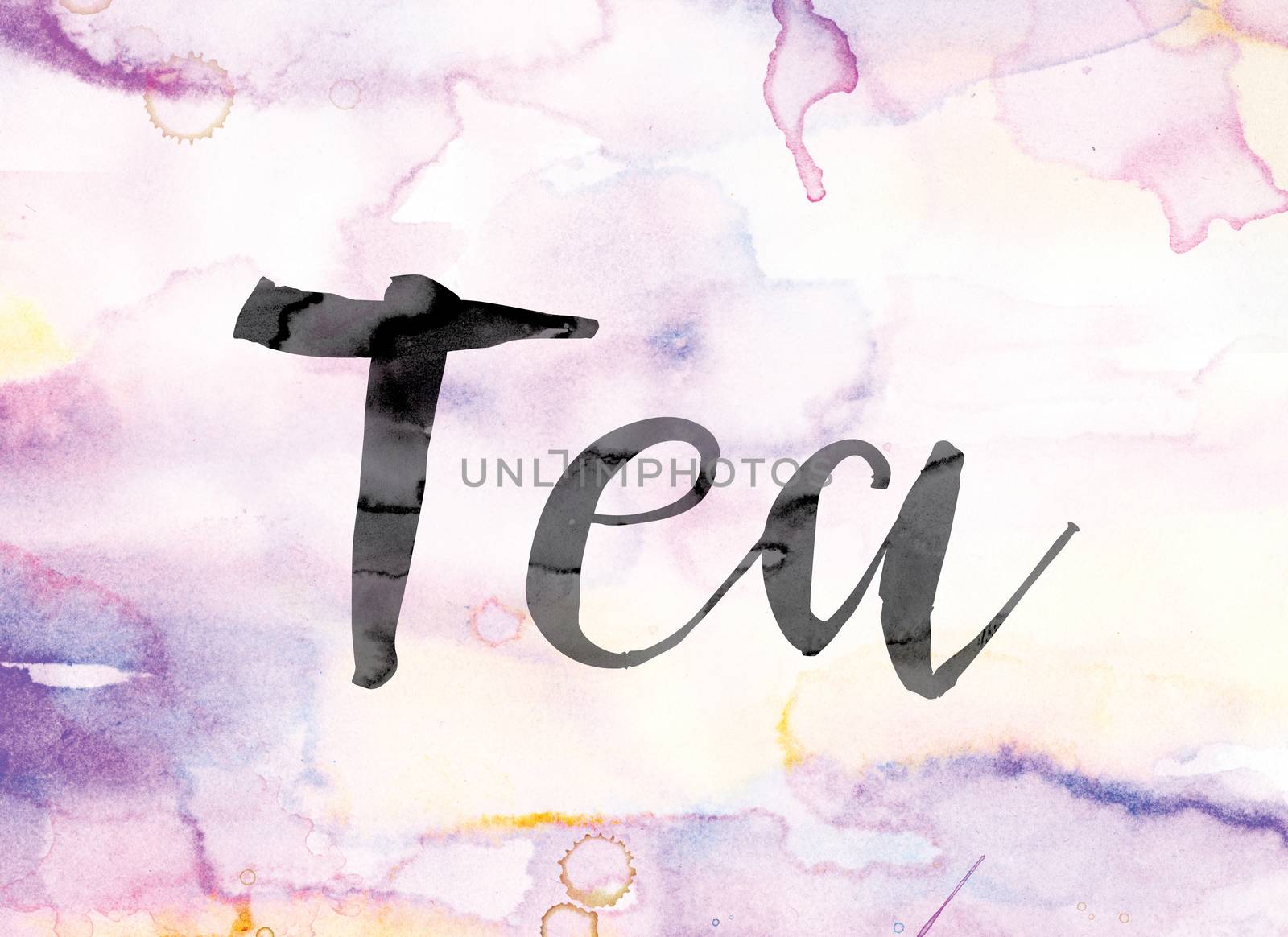 The word "Tea" painted in black ink over a colorful watercolor washed background concept and theme.