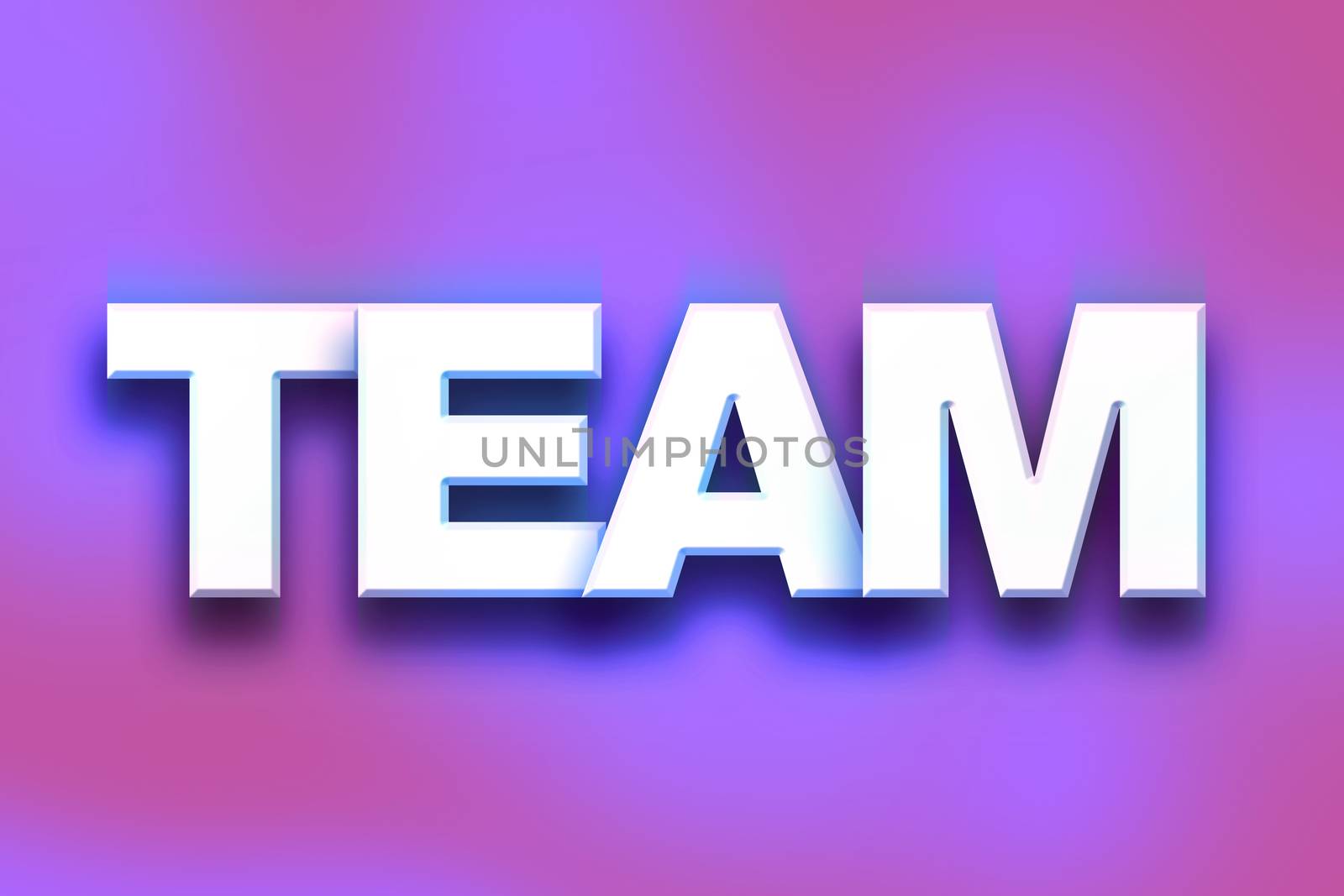 The word "Team" written in white 3D letters on a colorful background concept and theme.