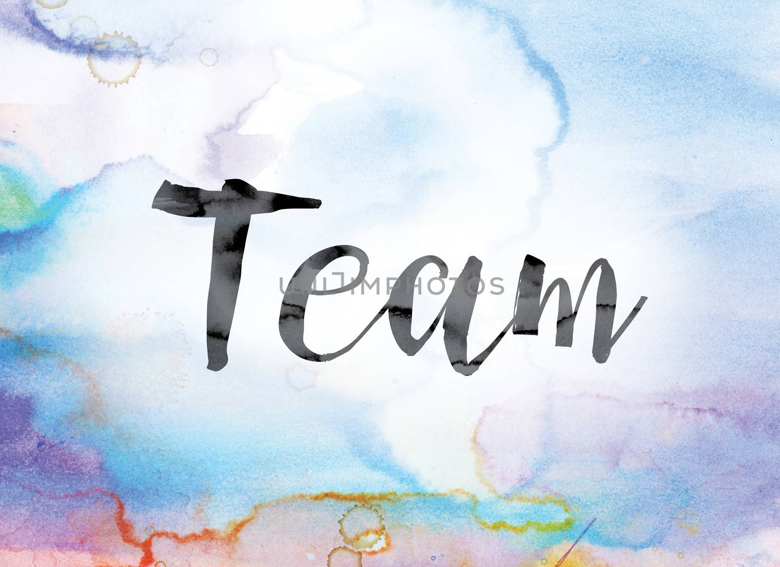 The word "Team" painted in black ink over a colorful watercolor washed background concept and theme.