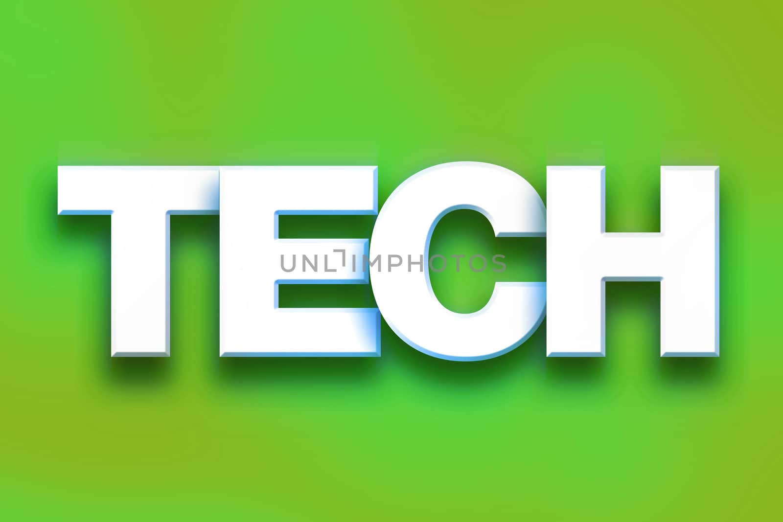 The word "Tech" written in white 3D letters on a colorful background concept and theme.