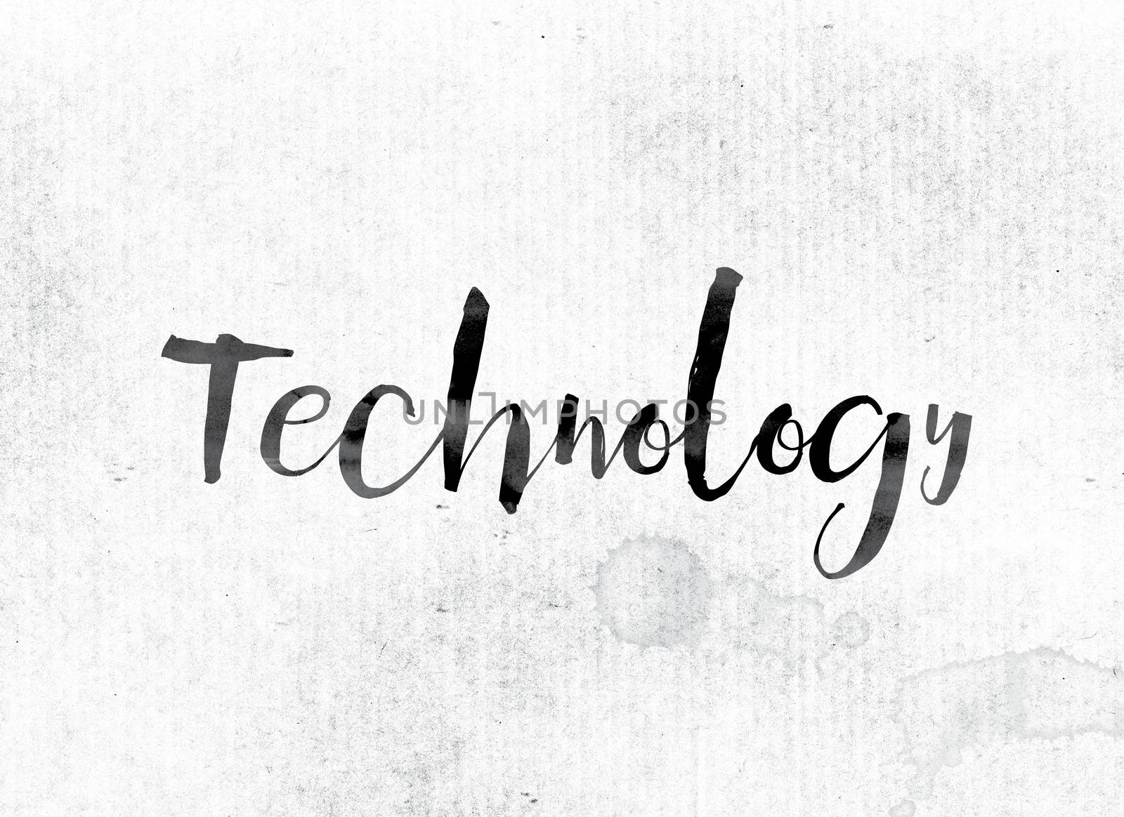 The word "Technology" concept and theme painted in watercolor ink on a white paper.