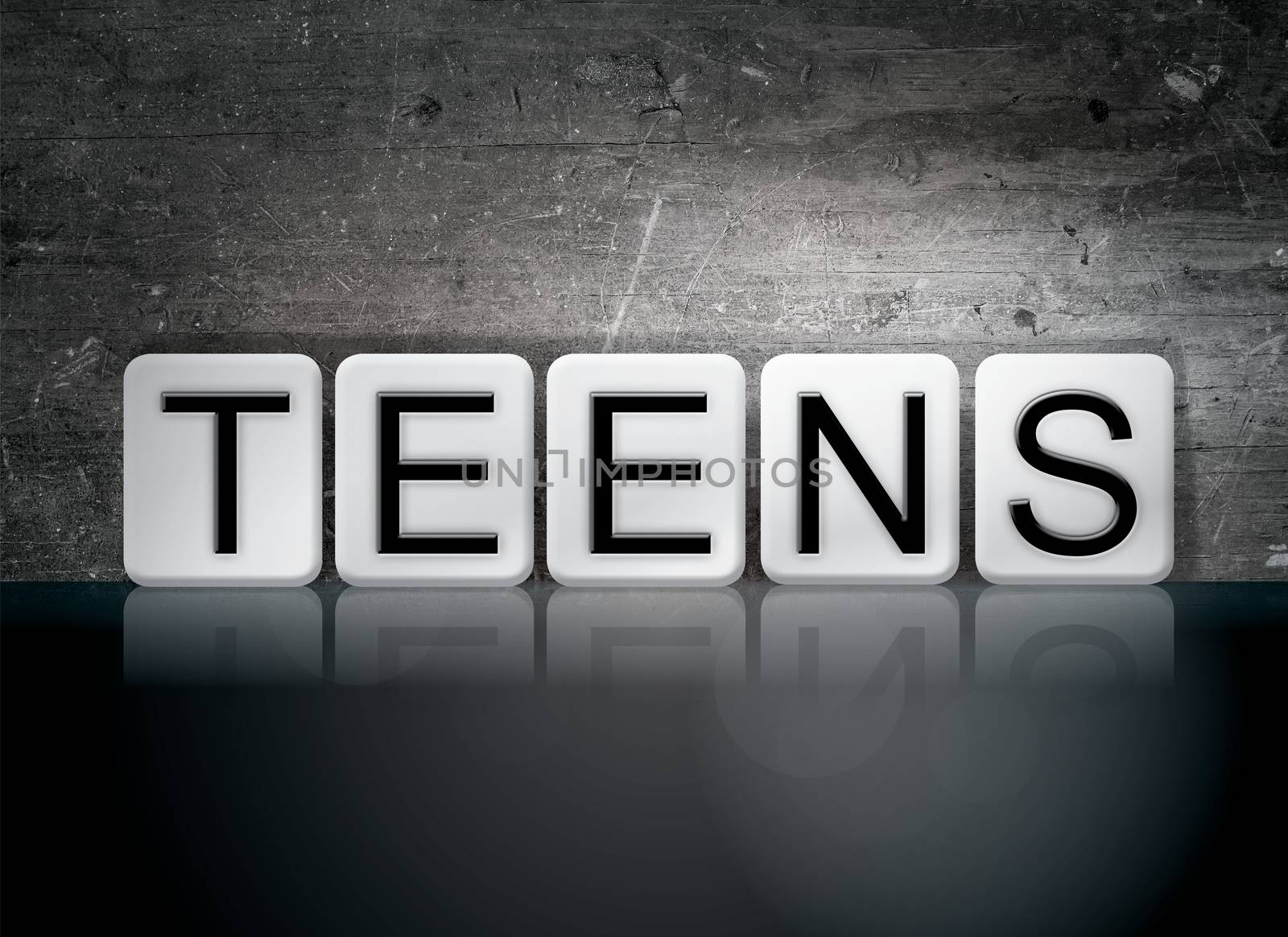 The word "Teens" written in white tiles against a dark vintage grunge background.