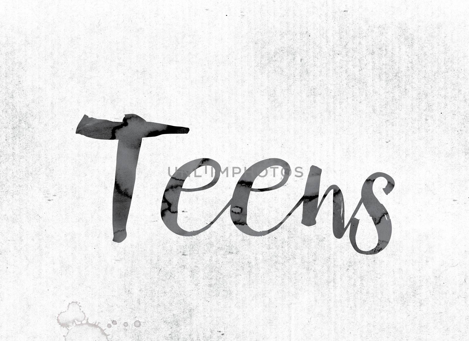 The word "Teens" concept and theme painted in watercolor ink on a white paper.