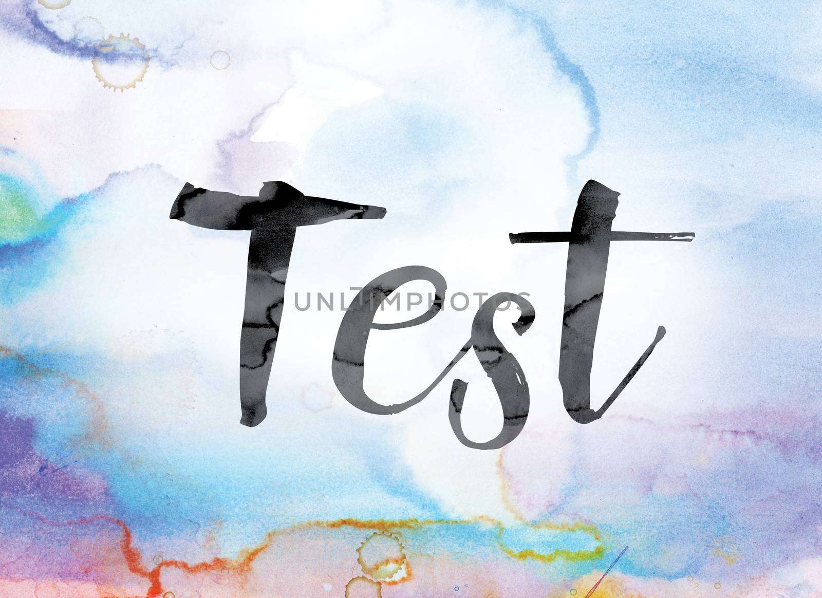 The word "Test" painted in black ink over a colorful watercolor washed background concept and theme.